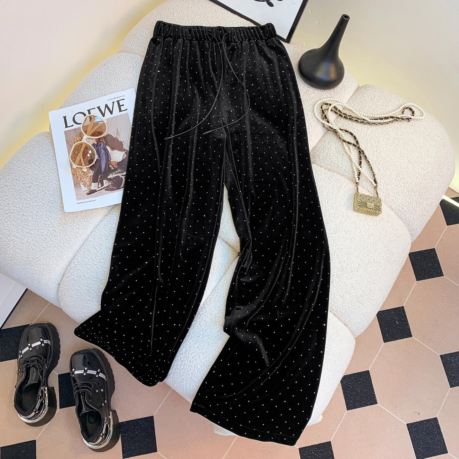Black Wide Leg Womens Autumn and Winter Fashionable Chic Tie High Waist Straight Gold Velvet Casual Pants Z260314