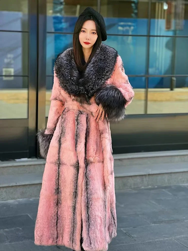 Winter Women Rabbit Fur Coat Length 110cm Soft Warm Thick Fur Jacket Natural Fox Fur Collar Ladys Fashion Streetwear 240909