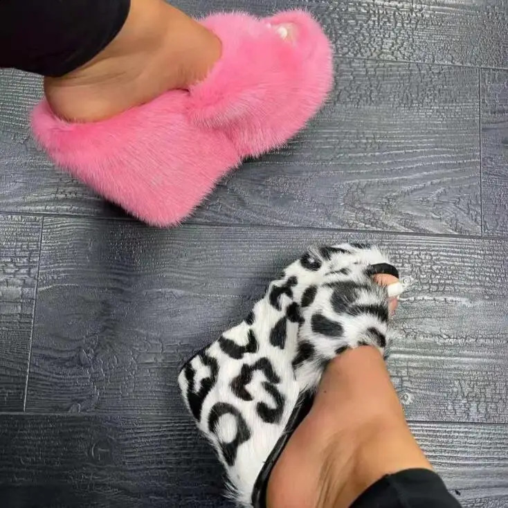 2024 women feminine high-heeled fur drag outdoor all-match shoes slippers round head wedges with mink fur ms slippers 240914