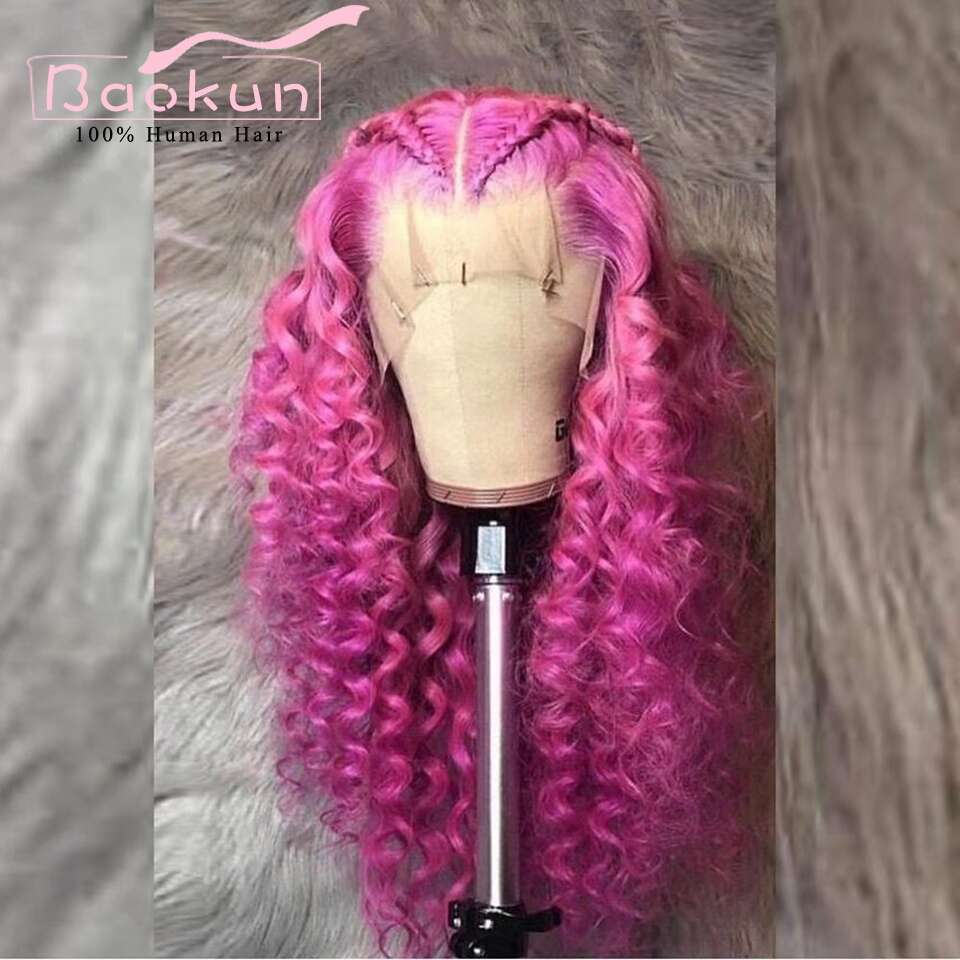 13X4 Hot Pink Curly Pre Plucked 13X6 HD Frontal Wig Brazilian Virgin Deep Wave Lace Front Human Hair Wigs