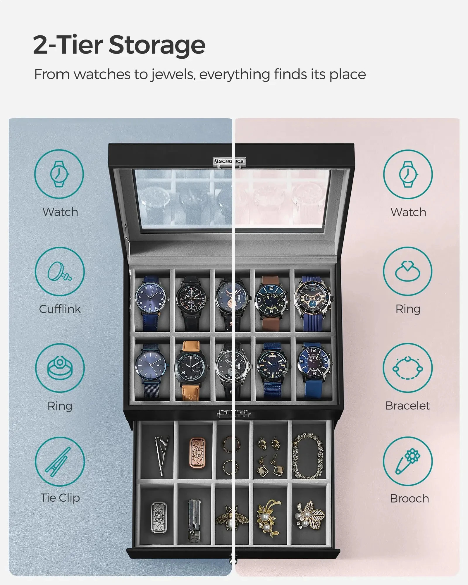 20 slot watch manager case with glass cover 2 layers lockable display black synthetic leather gray 240912