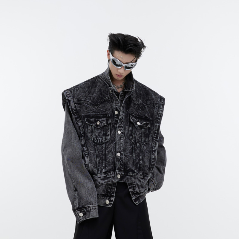 NOYMEI Niche Design Denim Coat Sleeve Detachable Vintage Washed Solid Color All-Match Loose Men Jacket Autumn High Street Wa3248