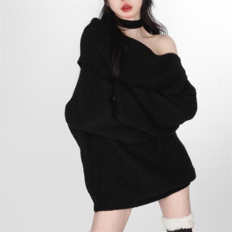 Deeptown Kpop Black Knit Halter Sweater Women Off Shoulder Sexy Y2K Long Sleeve Pullovers Jumpers Female Lazy Wind Gyaru 240911