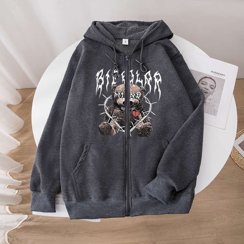 2024 New Y2K Bear Doll Printed Zipper Hoodie Street Trendy Brand Fleece Loose Zip Up Hoodie Hat