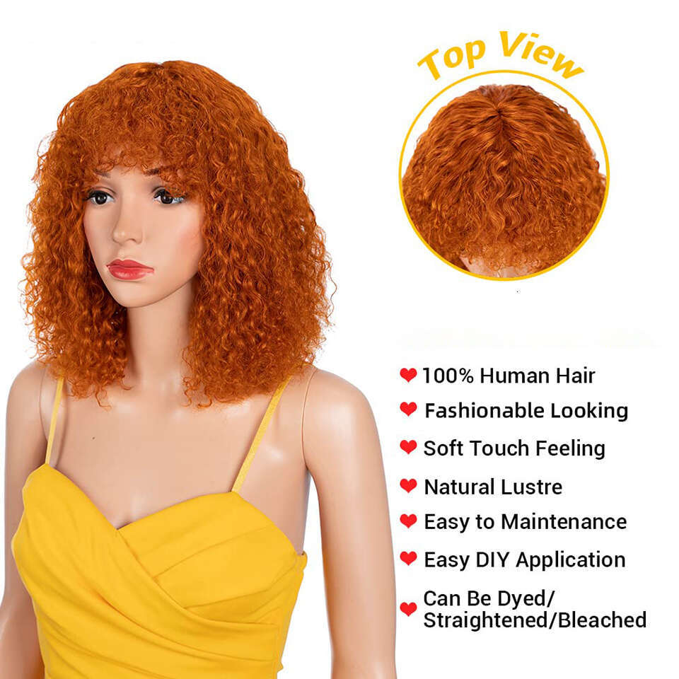 Ginger Jerry Curly Short E Bob Cut Remy Human Hair With Bangs Honey Blonde Orange Non Lace Front Wigs For Black Women