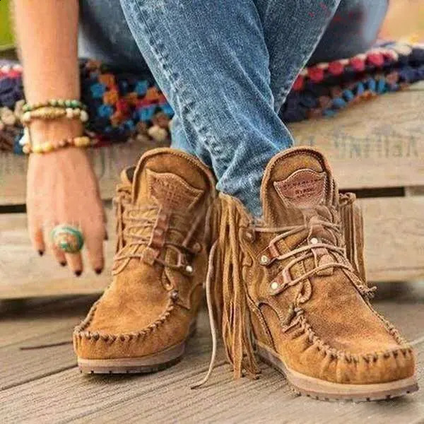 Womens boots Plus size tassel short autumn/winter flat shoes retro fashion thick soled foot boots keep warm vegetative state 240919