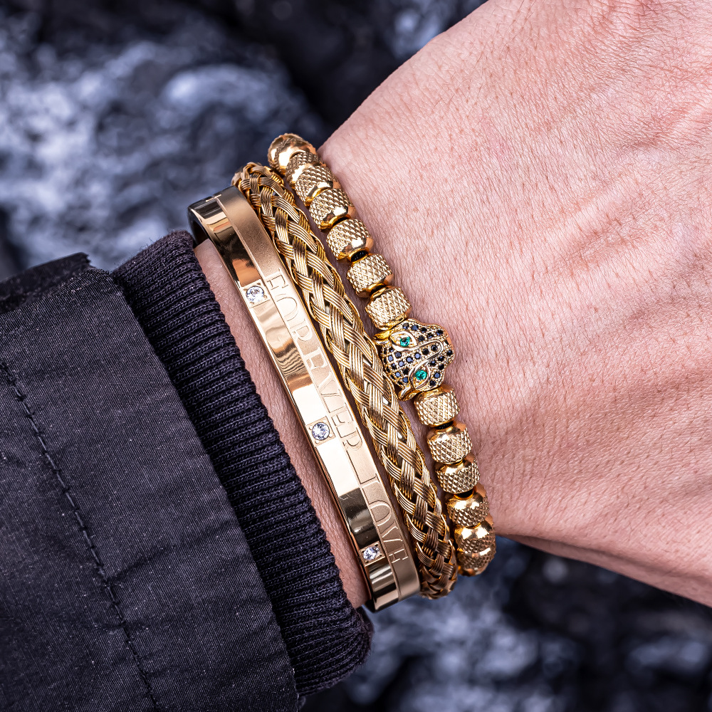 3pcs/set Men Bracelets Classical Handmade Braiding Bracelet Hip Hop Men Pave CZ Leopard Head Roman Numeral Bracelet Stainless Steel Jewelry