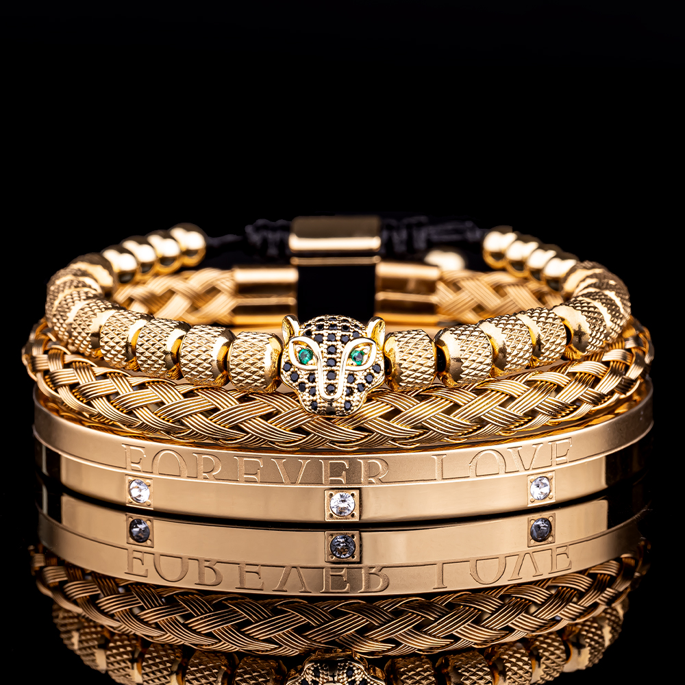 3pcs/set Men Bracelets Classical Handmade Braiding Bracelet Hip Hop Men Pave CZ Leopard Head Roman Numeral Bracelet Stainless Steel Jewelry