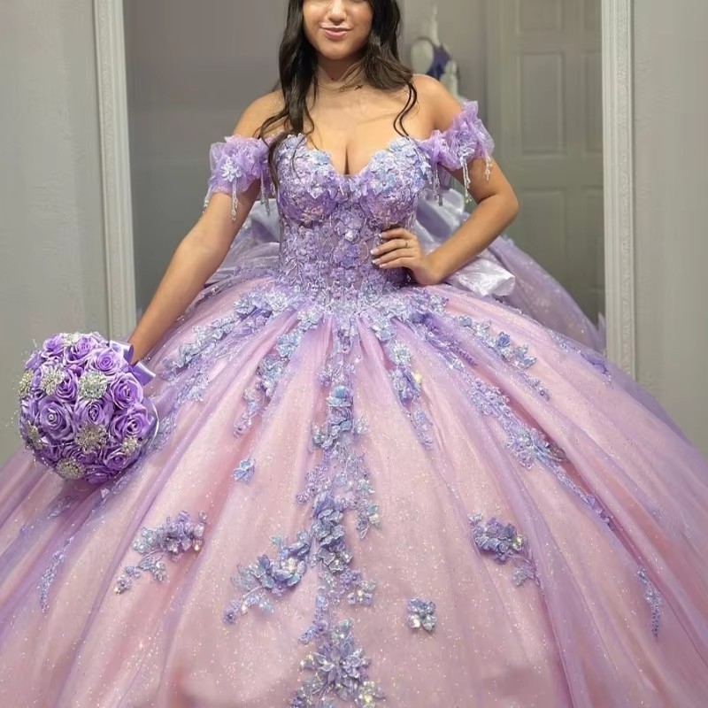 Lilac Mexican Quinceanera Dressess Off The Shoulder Luxury Applique Lace Beads Crystal Tull vestido 15 De Anos Corset Lace Up Sweet 16 Dress
