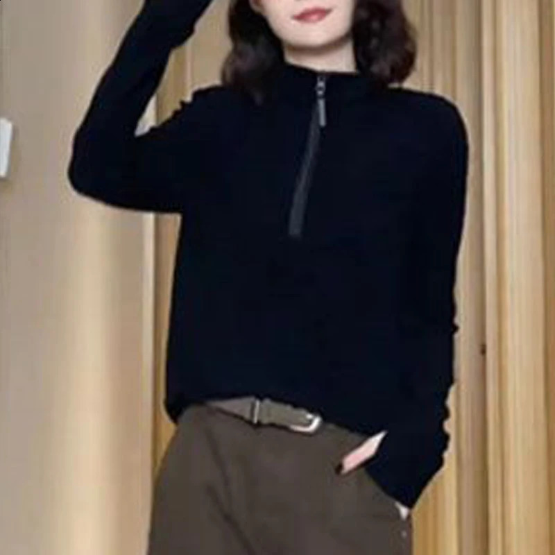 Women Trendy Half Zipper Stand Collar Simple Casual Sweatshirts Y2K Autumn Winter Female Solid Thicken Warm Basic Pullover Tops 240906
