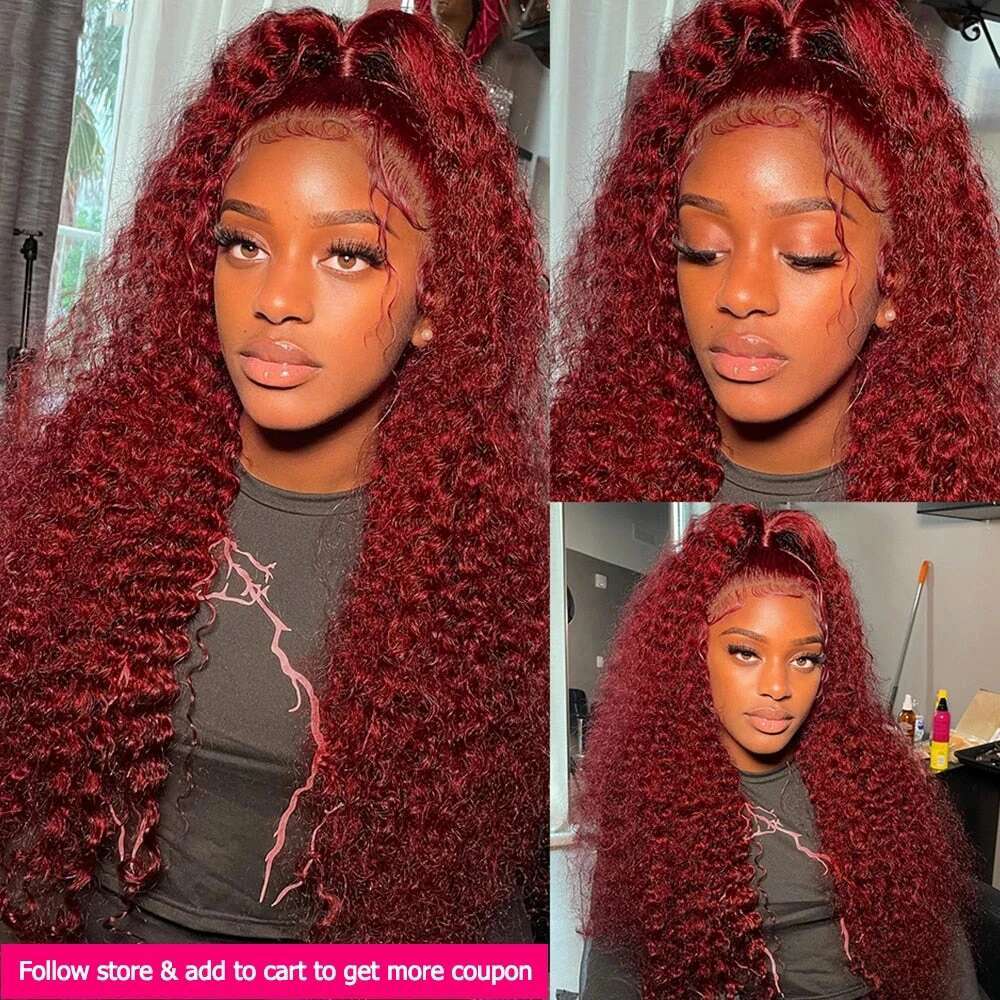 13X6 99J Front Human Hair Wigs Colored Deep Wave Bury 13X4 Transparent Lace Frontal Glueless Red Wig For Women