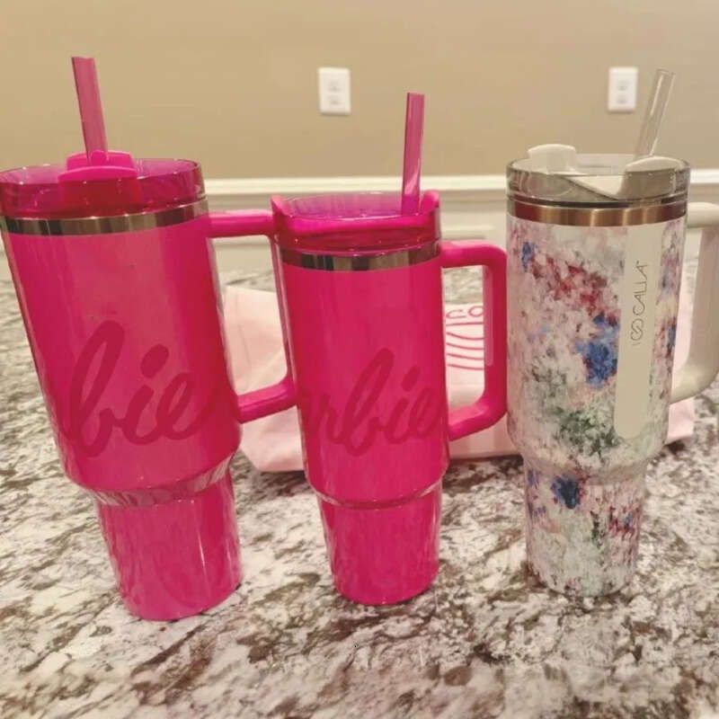 US STOCK Cobrand pink Tumblers Pink Rose Cups 40oz Stainless Steel cups with handle Lid And Straw Travel Car Mugs Clean Slate Brushstrokes Water Bottl