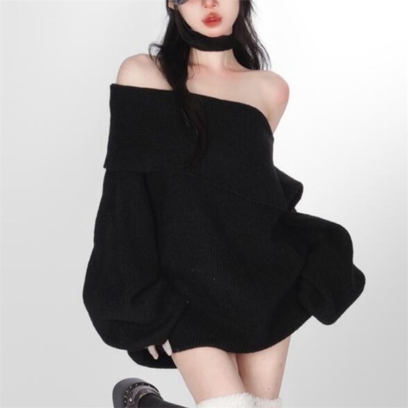 Deeptown Kpop Black Knit Halter Sweater Women Off Shoulder Sexy Y2K Long Sleeve Pullovers Jumpers Female Lazy Wind Gyaru 240911