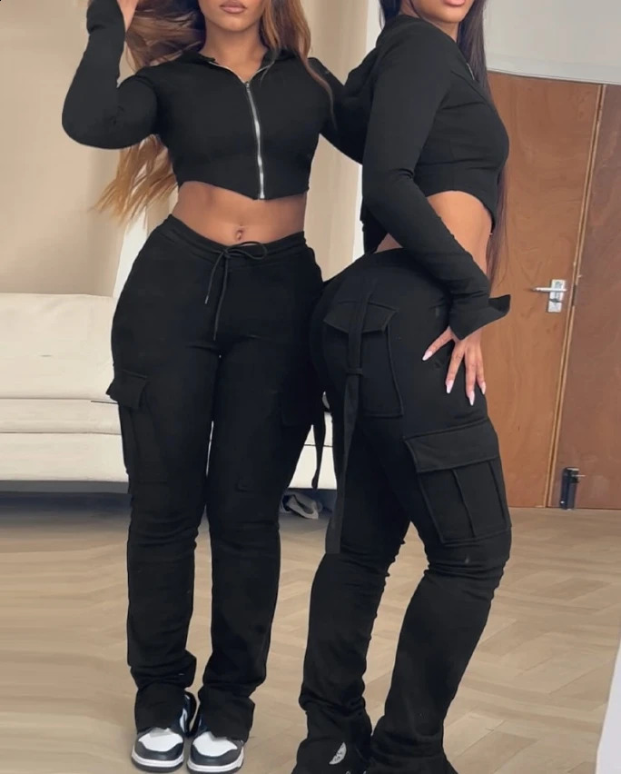 Elegant 2-Piece Sets for Women Autumnwinter Zipper Exposed Navel Hooded Sweatshirt Drawstring Pocket Work Pants Set 240918