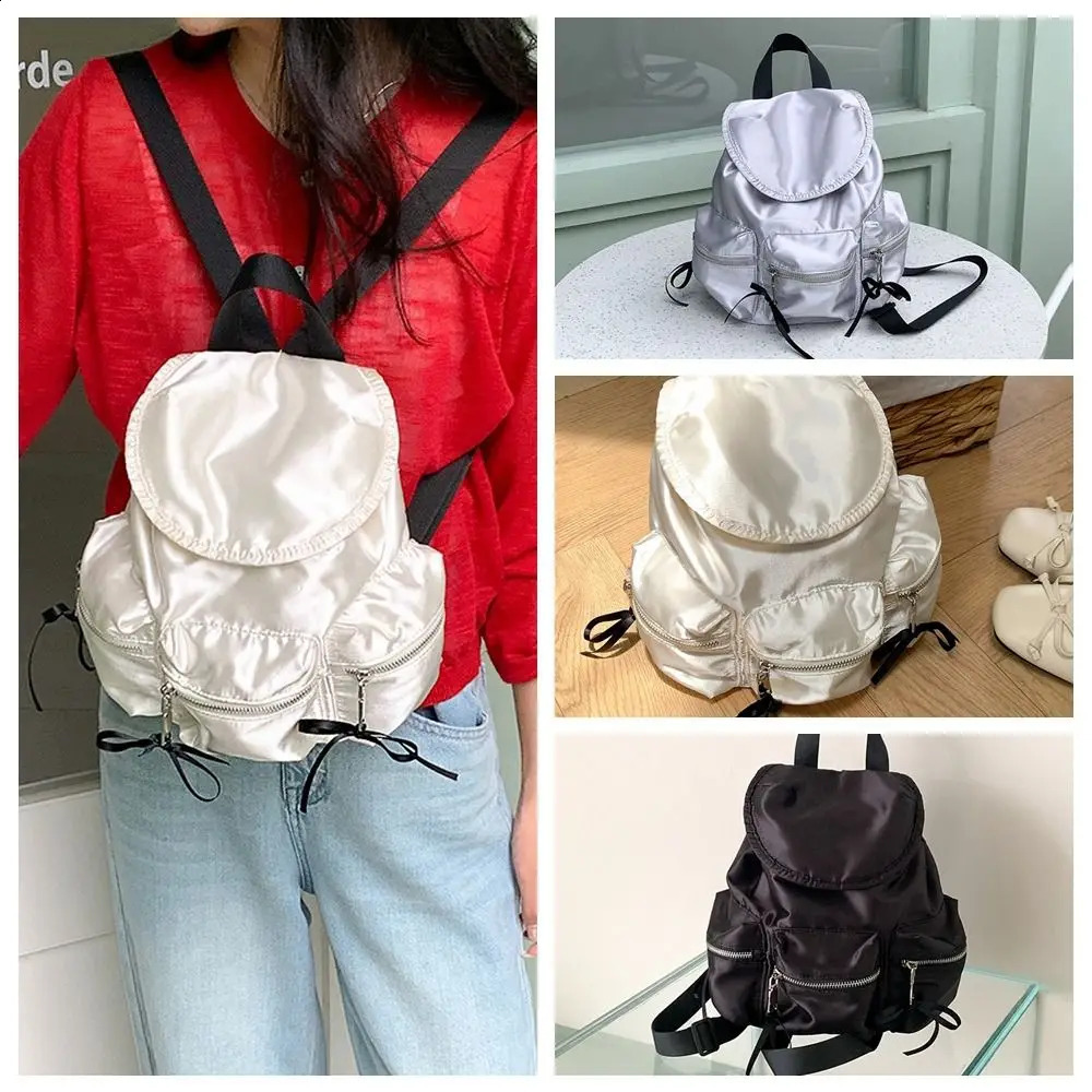 Sweet Korean Style Drawstring Backpack Preppy Silver Nylon Backpack Pearl Luster Ribbon Bow Shoulder Bag for Women 240912