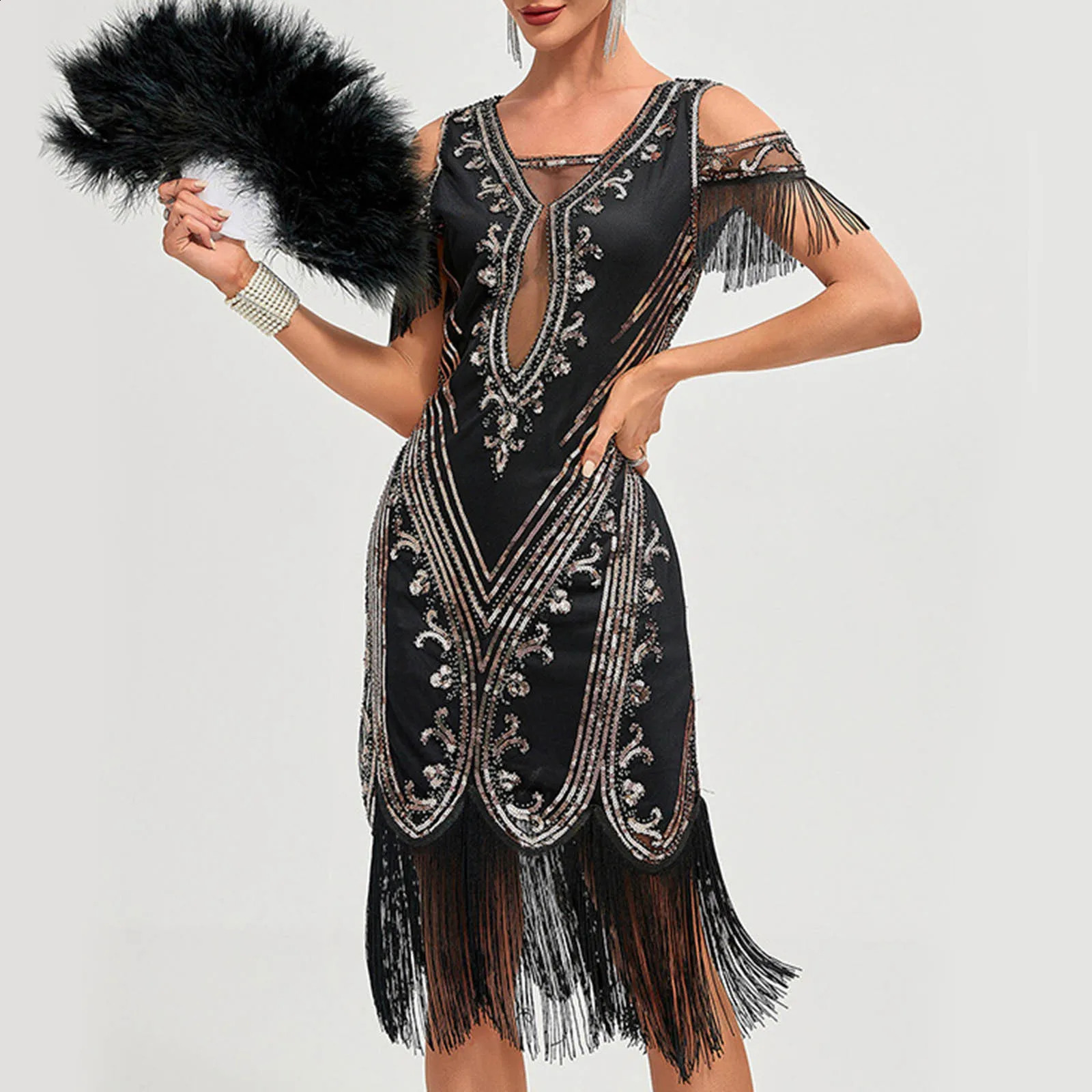 1920s vintage Flapper Great Gatsby party dress Vneck sleeveless sequin beaded style tassel Vestitos Feminina 1920 240914