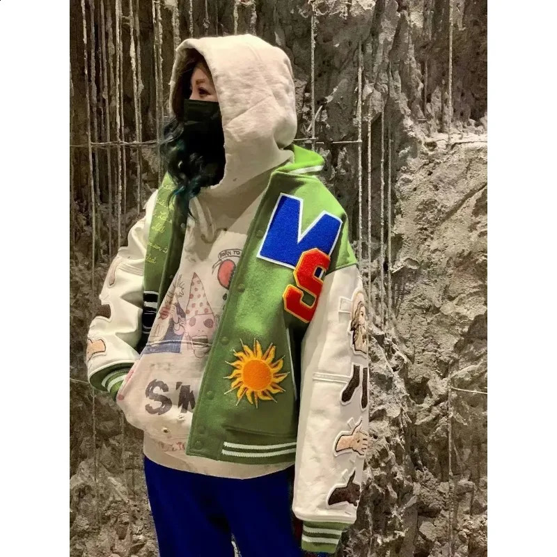 Cartoon Letter Embroidery Jacket Men Japanese Loose Baseball Varsity Jackets Women Casual Autumn Patchwork Bomber Outwear 240906