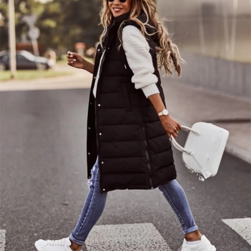 Sleeveless Winter Jacket Women Midi Coats Down Vest Keep Warm Elegant Black Hooded Street Hipster Lady Cotton Overcoat 240911