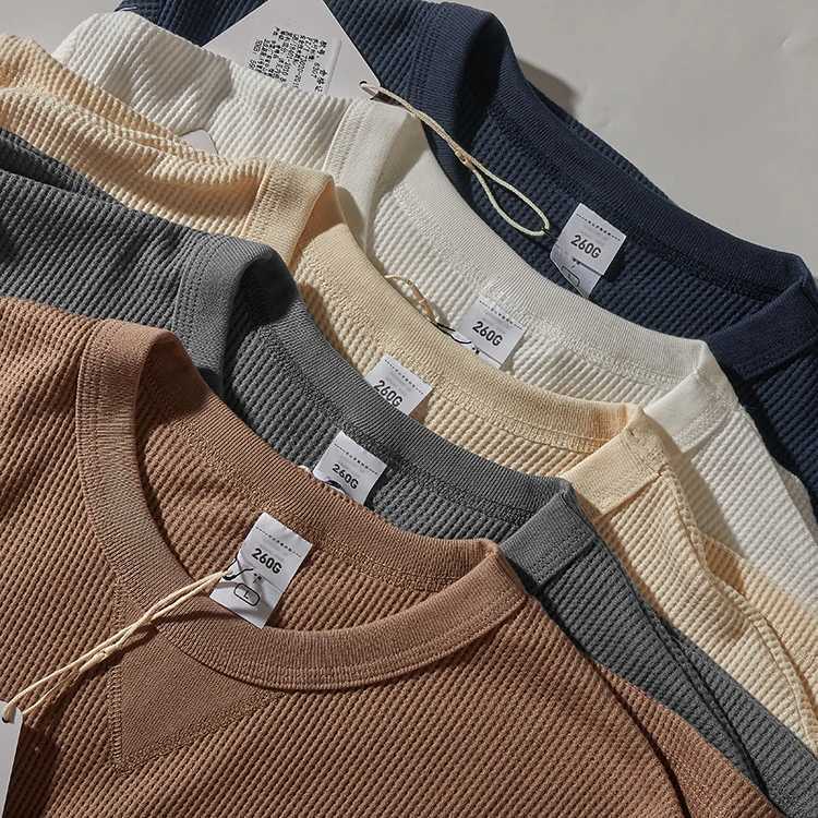 Autumn and Winter New American Retro Long Sleeve O-neck 260g Waffle Knitted T-shirt Mens Fashion Simple Casual Bottoming Tops Z240918