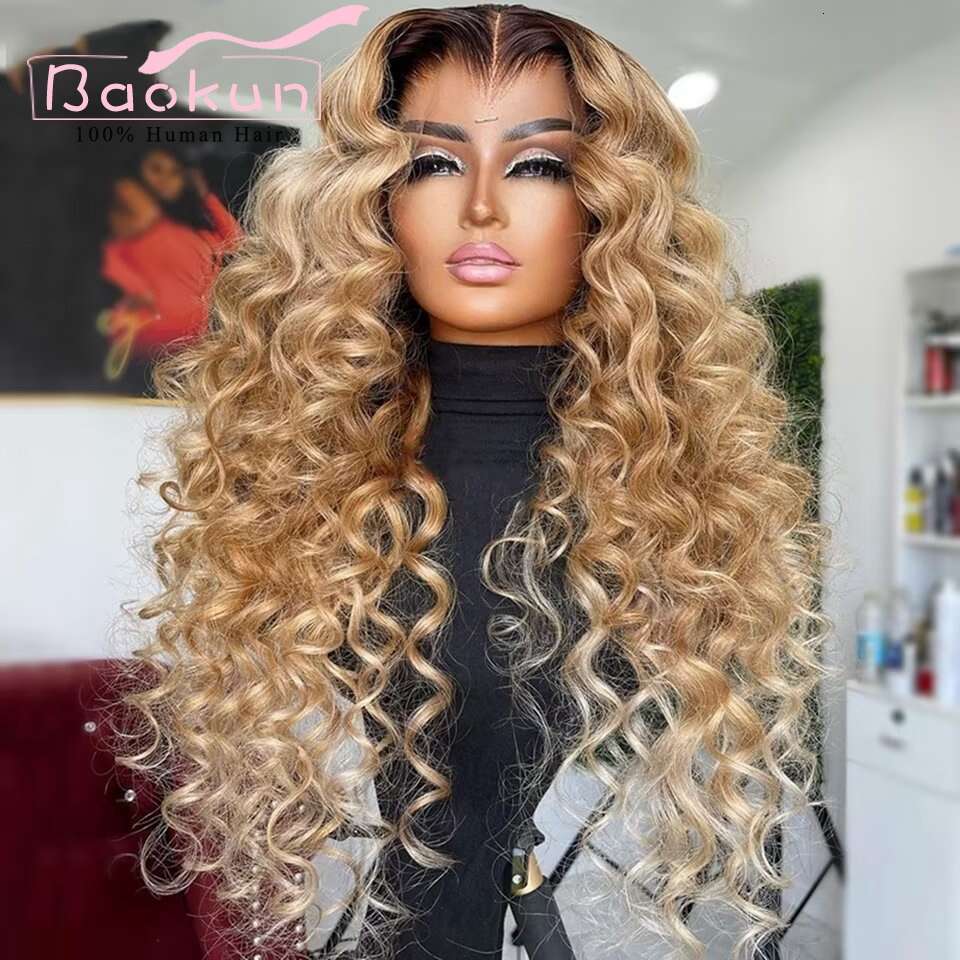 13X4 Ash Deep Curly Human Hair Wigs Ombre Honey Blonde Front Pre Plucked Transparent 13X6 HD Lace Frontal Wig