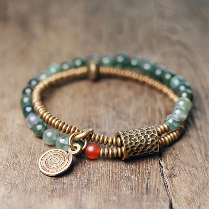 Small beads two rows of mossy stone chain bracelets green ocean grass hands Beatles copper charm jewelry womens amulets 240918