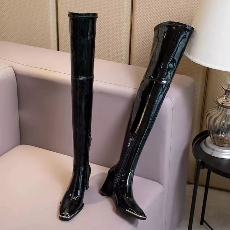 Free Shipping New Knee High Boots Designer Patent Leather Boots Women Thick Heels Winter Snow Martin Boots Over The Knee Boots Thick Soled Winter Boot