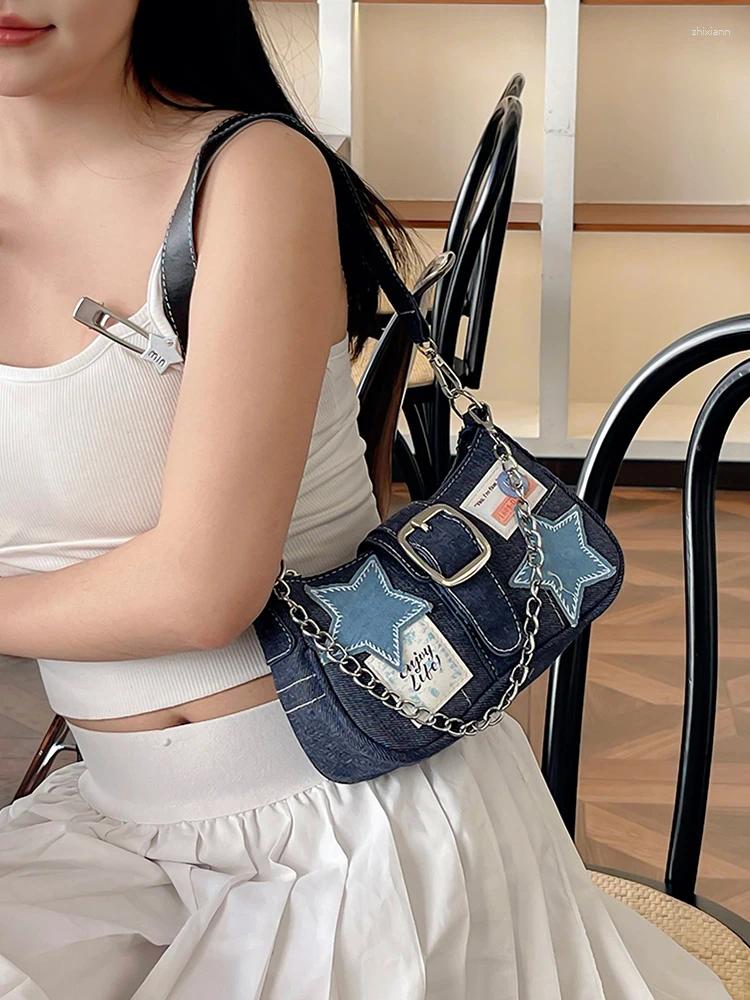 2025 NEW Totes Women Fashion Shoulder Bag Stars Pattern Denim Chain Underarm Adjustable Strap Vintage Handbag Girls Outdoor Daily zhanyishengli