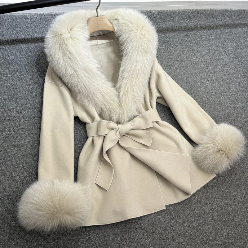 Janveny Womens Wool Coat Autumn Winter Natural Real Fox Fur Jackets Detachable Fluffy Fox Fur Trench Lady Outerwear 240911