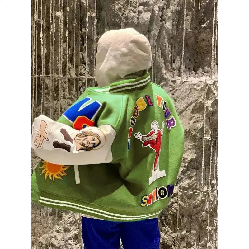 Cartoon Letter Embroidery Jacket Men Japanese Loose Baseball Varsity Jackets Women Casual Autumn Patchwork Bomber Outwear 240906