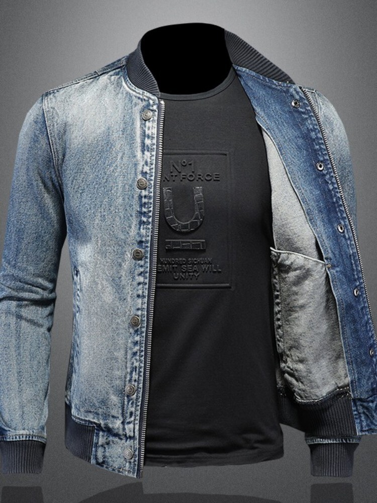 Mens Denim Bomber Jacket Slim Fit Vintage Moto Biker Short Cargo Coat Male Long Sleeve High Street Stand Collar Pilot Jackets