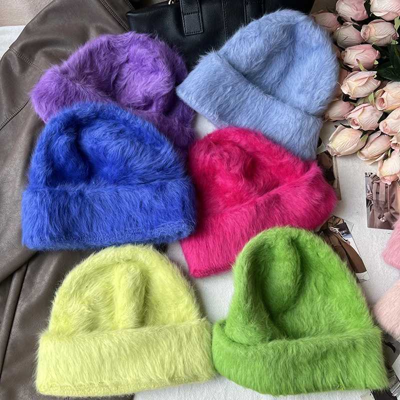 Beanie/Skull Caps 2024 Fashion Rabbit Skin Y2k Beanies Womens Soft and Fluffy Angora Winter Knitted Hat Womens Plush Windproof Hat Skull Hat J240913