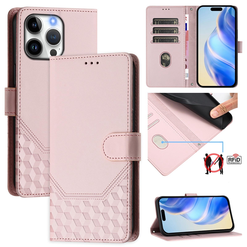 16E Honeycomb Grain Leather Wallet Case For Iphone 17 Air 16 Plus 15 Pro Max 14 13 12 11 X Max XR 8 Embossed Credit ID Card Slot Holder Kickstand Anti