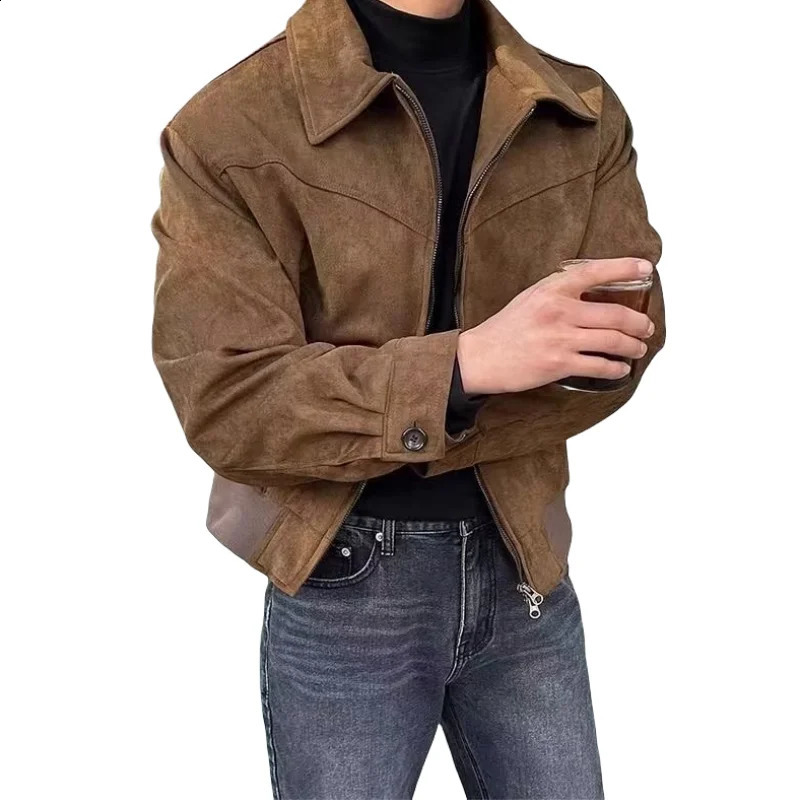 Elegant Solid Brown Coat Men Spring Autumn High-End Loose Lapel Zipper Short Jacket Vintage Streetwear Bomber Jacket 240911