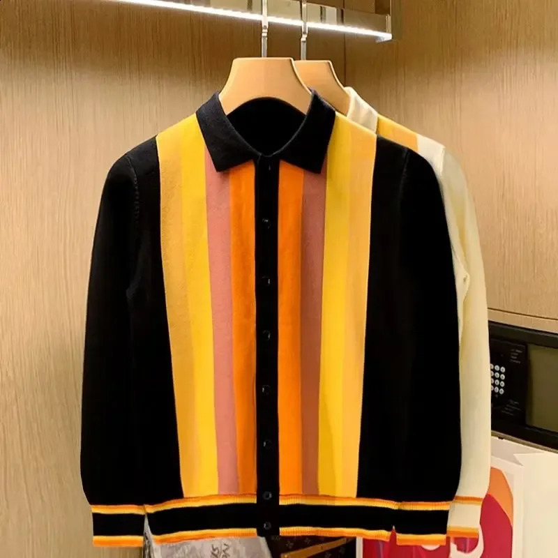 British Style Men Knitted Cardigan Vertical Stripe Long Sleeved Button Mens Tops Spring Autumn Slim Lapel Thin Sweater 240918