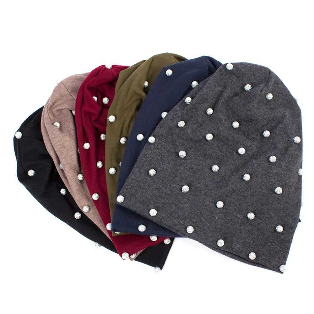 Beanie/Skull Caps Geebro Women #39 Beanie Hat SprCotton metal pearl hat suitable for womens hip-hop parties Beanie hat Rhinestone hat Skulls hat J2409