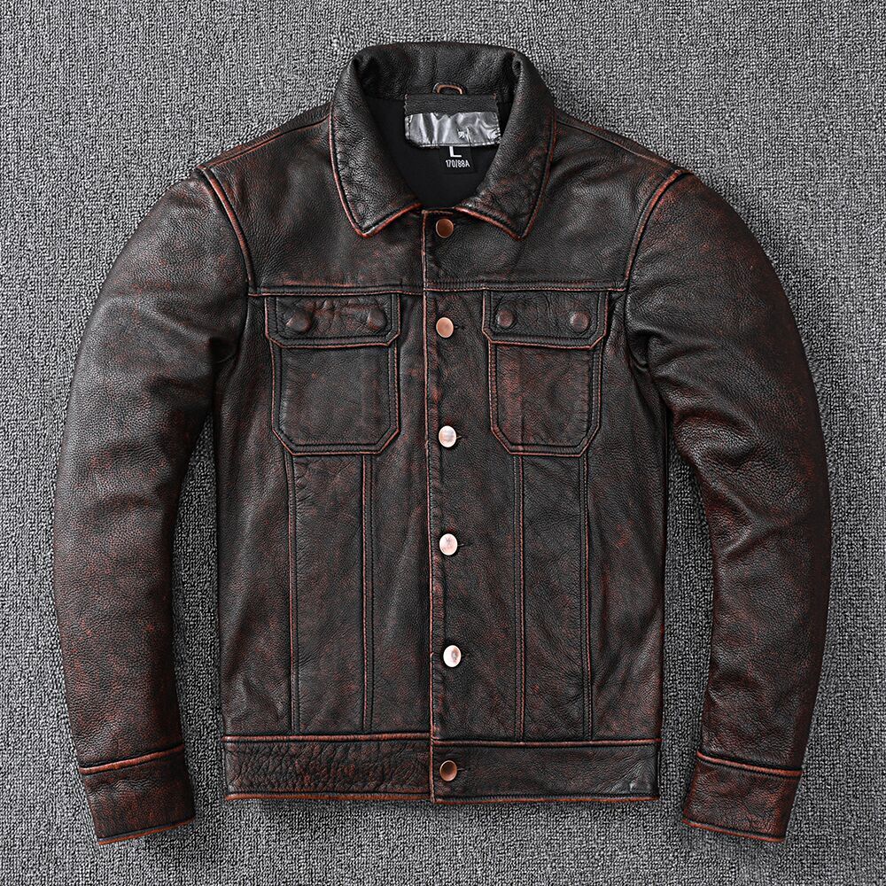 New Vintage Brown Workwear Cowboy Genuine Leather Jacket Natural Cowhide Coat Men's Stone Mill Old Style Clothes
