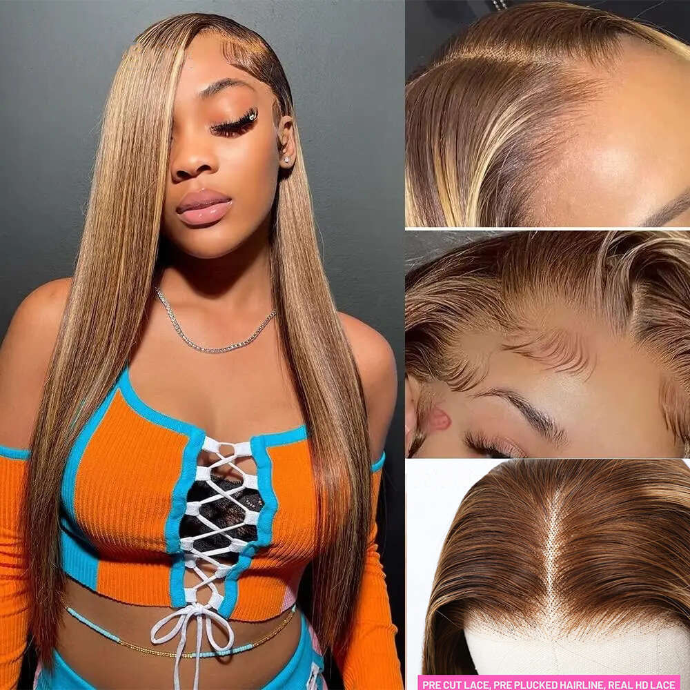 Highlight Glueless Wig Ready To Wear And Go Preplucked Brazilian Straight HD Lace Colored Human Hair Wigs For Women
