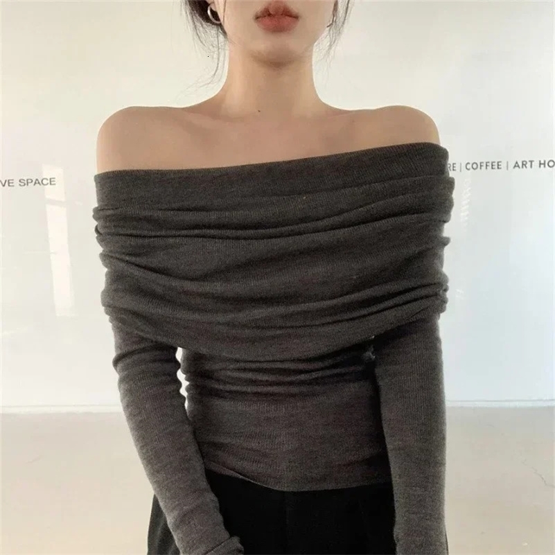 Deeptown Korean Style Knitted Sweater Women Elegant Off Shoulder Female Jumper Harajuku Fashion Gyaru Sexy Pullover Aesthetic 240911