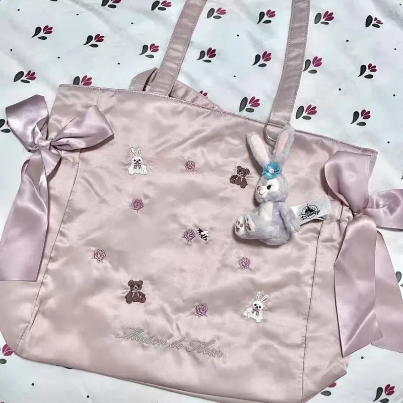 Cute rabbit bear embroidered garbage bag large capacity womens handbag Y2k retro casual pink travel shoulder bag 240918