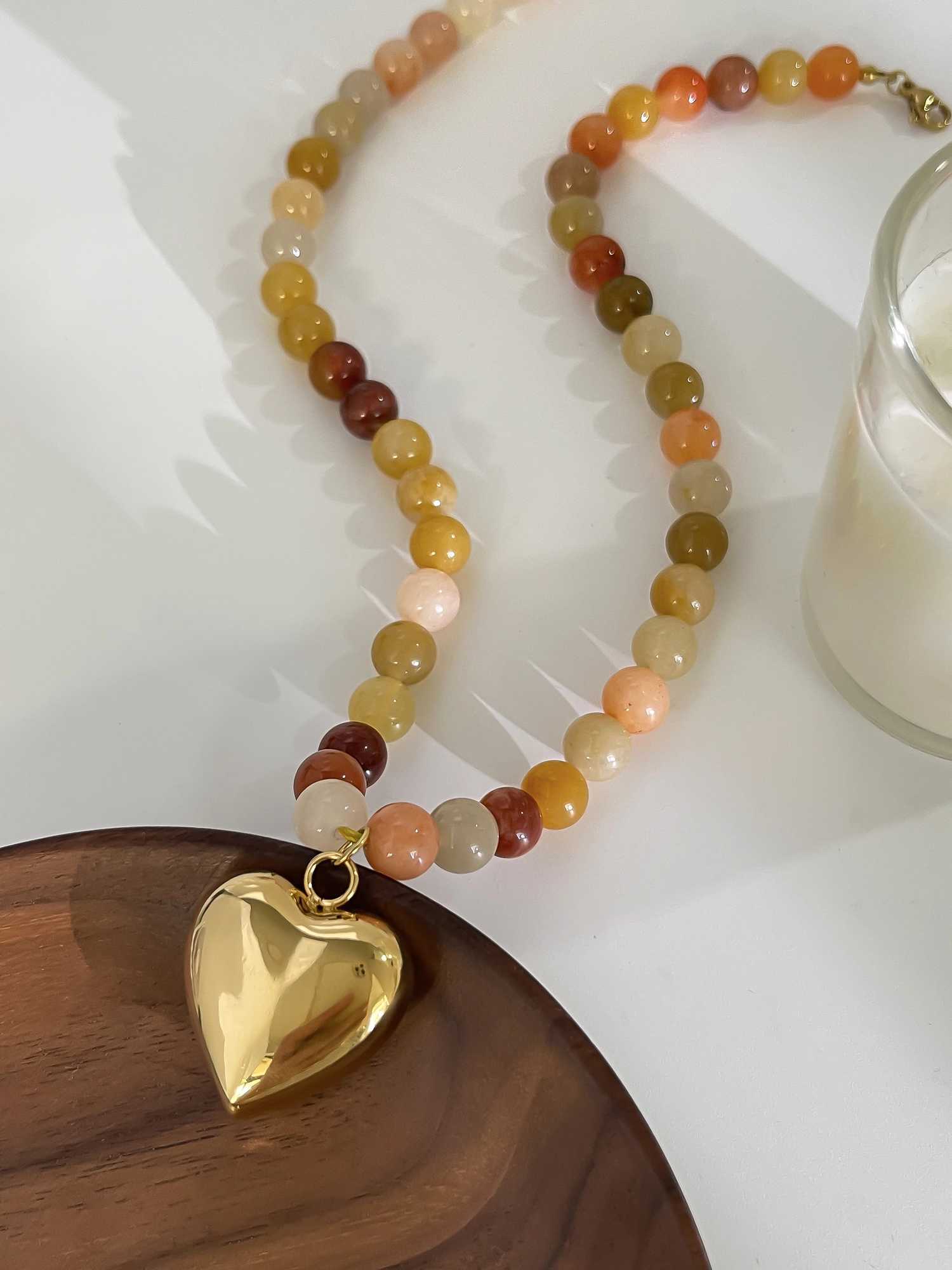 Perisbox Bohemian Multi Color Natural Stone Handmade Bead Chain Waterproof Fashion Gold Plated Heart Pendant Necklace W240918