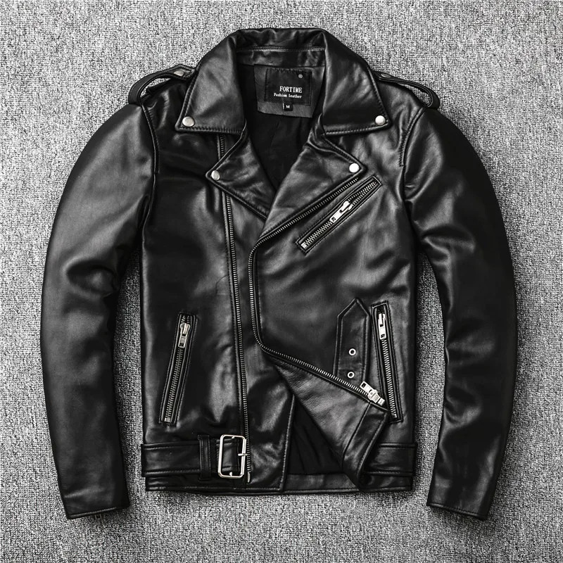 Classical Perfecto Motorcycle Leather New Zealand Sheepskin Men Black Genuine Leather Coat Slim Moto Jacket