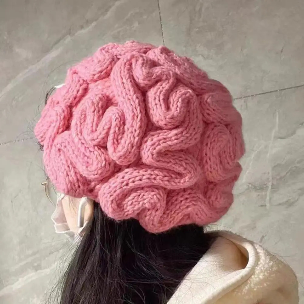 Solid color brushless hat knitted brain hat thick knitted Beanie hat winter outdoor cycling skiing fun brain design 240914