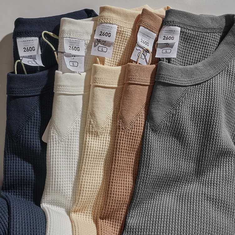 Autumn and Winter New American Retro Long Sleeve O-neck 260g Waffle Knitted T-shirt Mens Fashion Simple Casual Bottoming Tops Z240918
