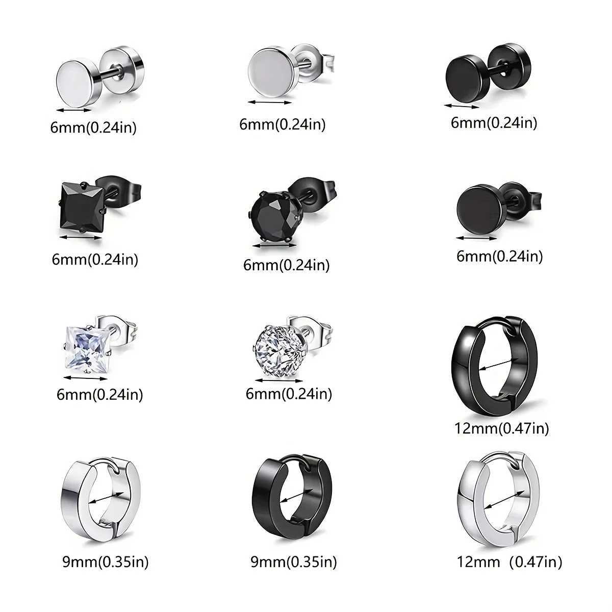 12 pairs of popular black and silver stud earrings set stainless steel stud earrings suitable for both men and women W240918