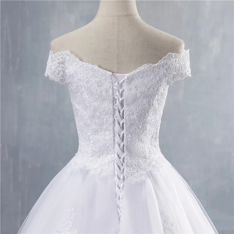 Ball Gown Off The Shoulder Wedding Dresses Short Sleeves Bridal Dress White Ivory Lace Appliques