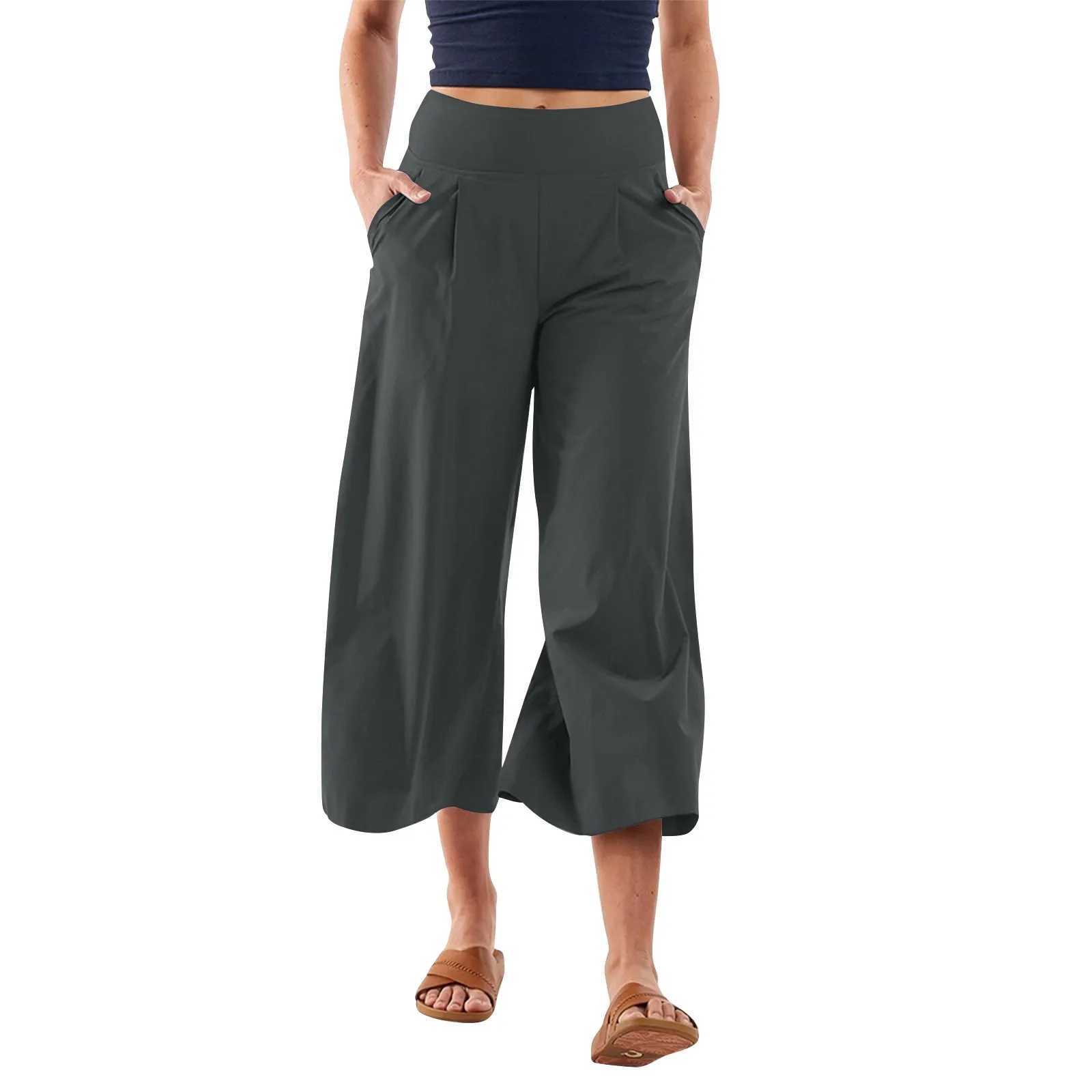 Womens Summer High Waisted Pants Casual Wide Leg Yoga Pants Loose Soft Cropped Culottes Gaucho Pants M240918