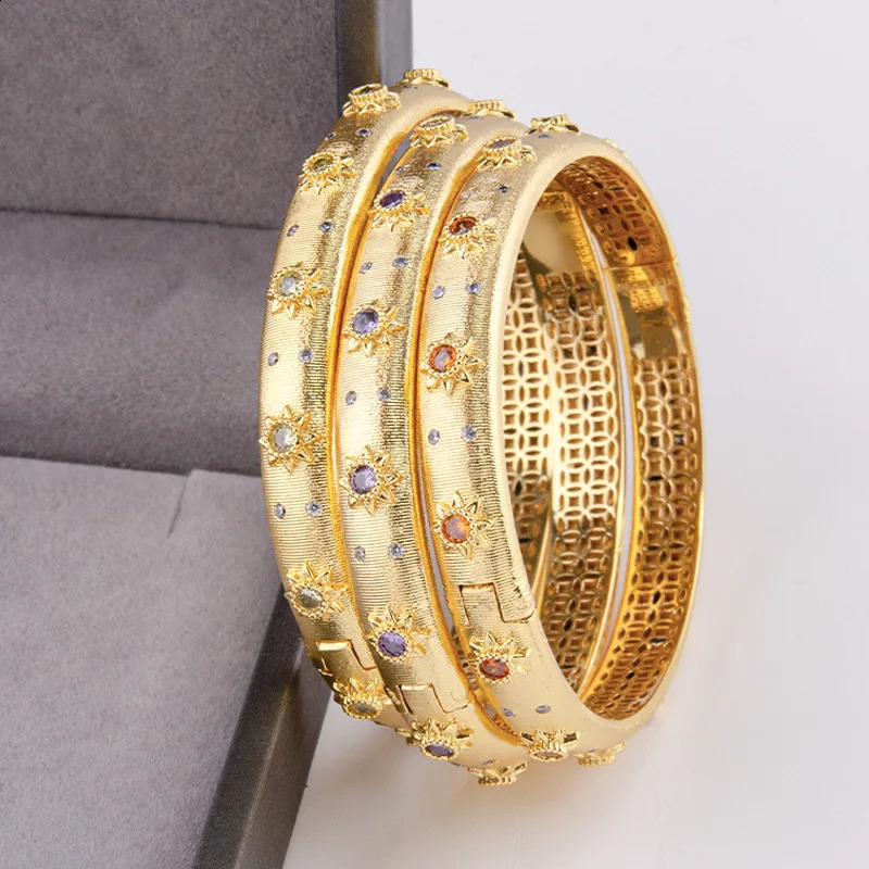 14 18k Real Gold Plated Metal Emerald Ruby Sapphire CZ Zircon Cuff Bangle Women Gift er Italy Egypt Vintage Jewelry 240910
