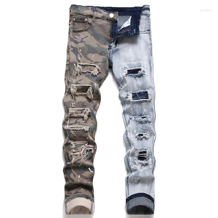 2025 S Fashion Designer Men S Jeans Patchwork Ing Color Matching Street Fashion Design Cool Smart Trend Unique Slim Fit Skinny Pants