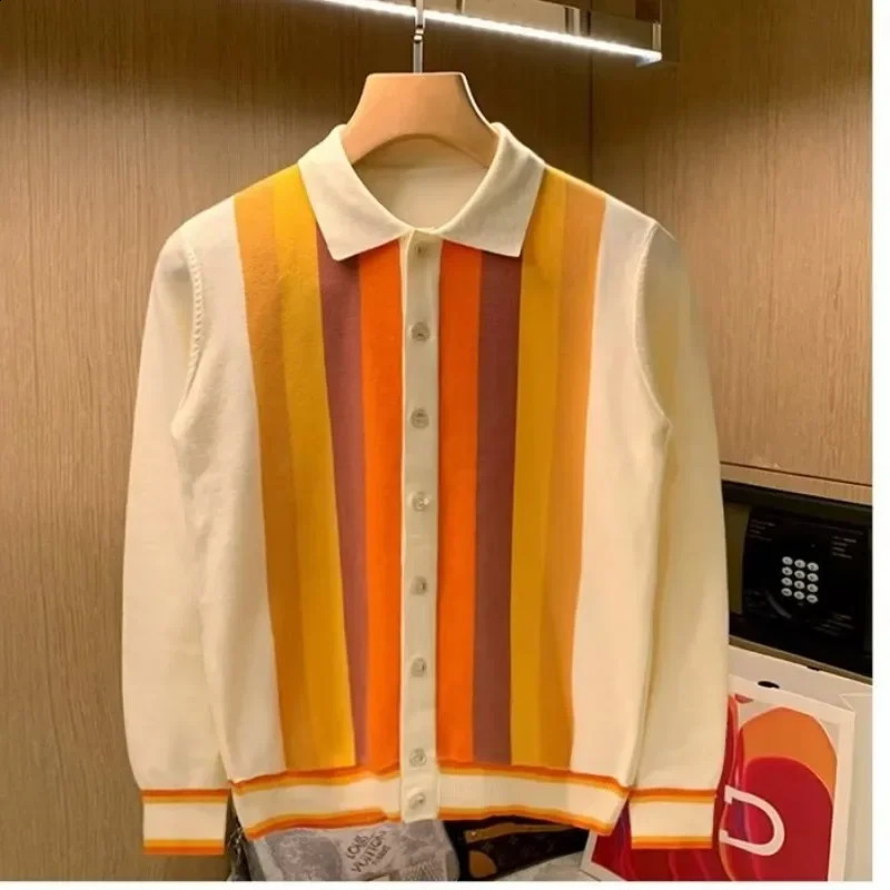 British Style Men Knitted Cardigan Vertical Stripe Long Sleeved Button Mens Tops Spring Autumn Slim Lapel Thin Sweater 240918