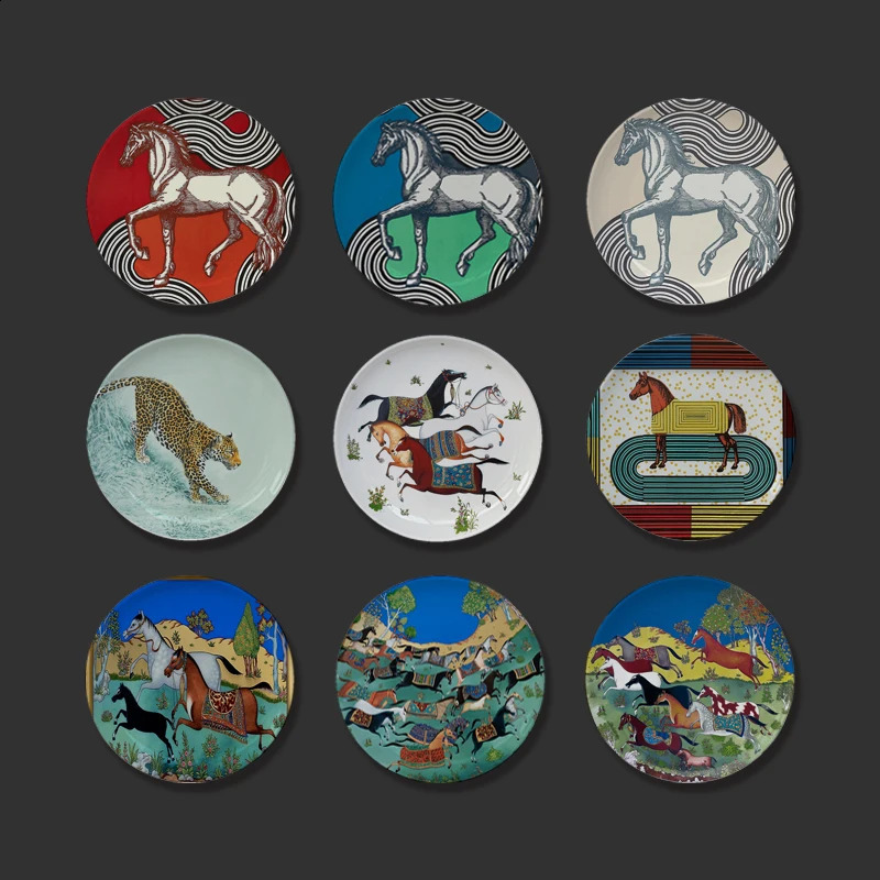 Jungle Horse Series Decorative Panel European Style Ceramic Plant Flower Plate Round Ceramic Craft Oriental Horse Garden Plants 240911